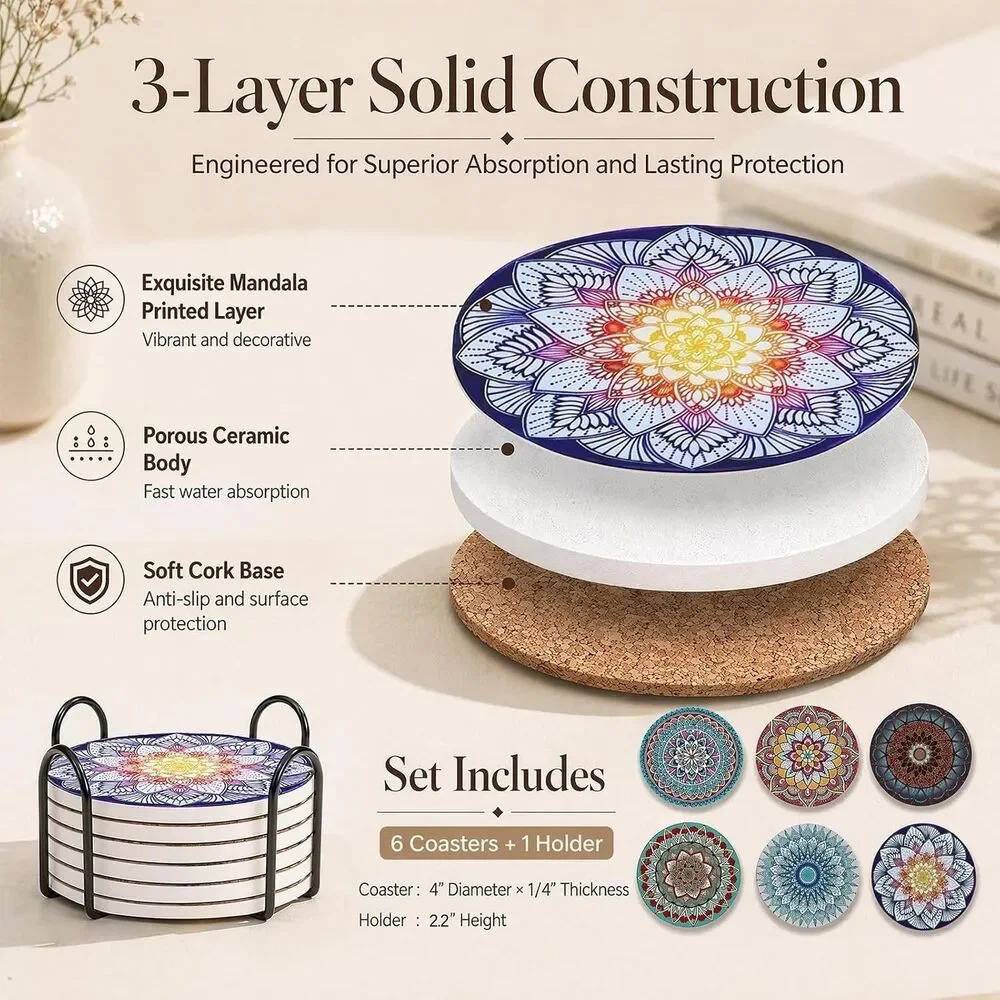Ceramic Drink Coasters Set of 6 Absorbent Mandala Cork Holder Table Protector